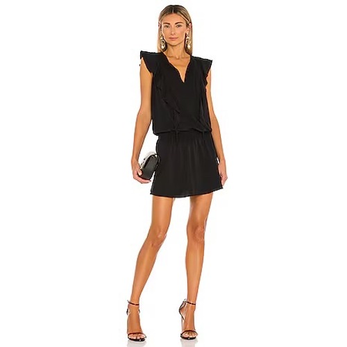 Amanda Uprichard | Analena Smocked Ruffle Mini Dress M Black V-Neck Drop Waist